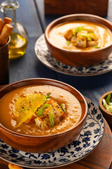Two dish of Delicious, Warm Lentil Soup with Crispy Sticks. Vegetarian concept.