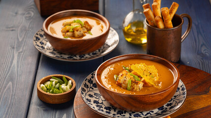 two plates of Lentil Soup seasoned with green onions. Served with crispy breadsticks. Vegetarian concept. Side view