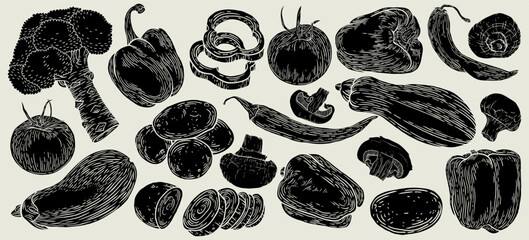 Vegetables hand drawn silhouette set. Menu food collection. Sketch vegetable doodle to the harvest fair. Vector illustration eggplant, tomato, potato, pepper, mushroom, broccoli, zucchini.