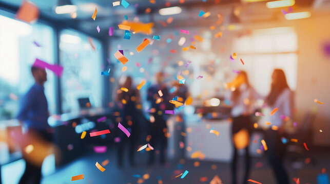 Office party celebration with flying confetti and blurred business people, festive atmosphere for corporate events and success milestones.

