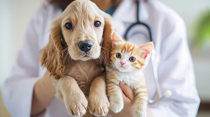 Veterinarian holding an adorable puppy and kitten in an animal clinic, close-up of a young pet at a medical checkup, a fluffy cat and dog with a caring vet, pet care and veterinary services