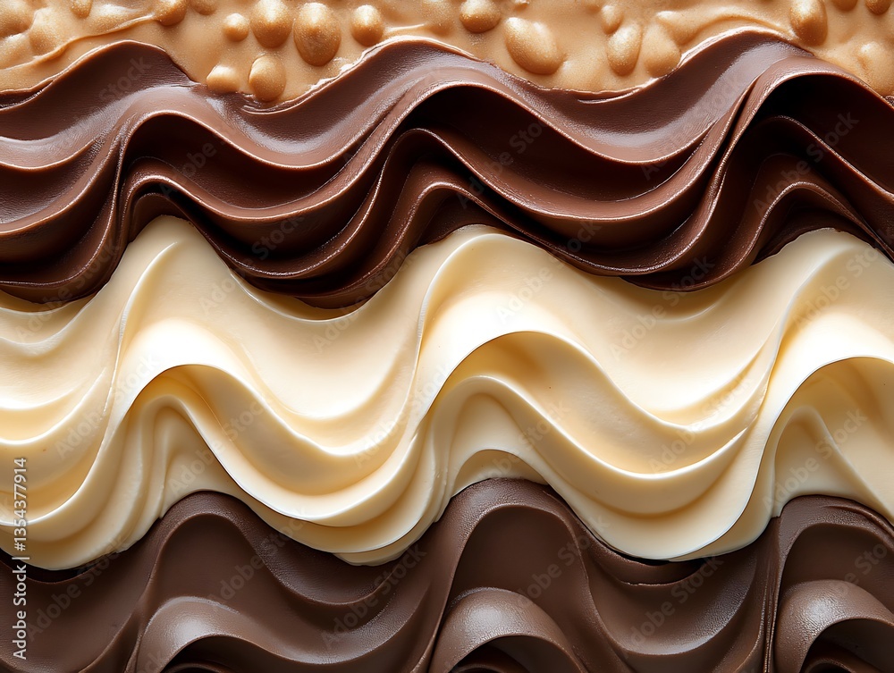 Aufkleber close up of a layered dessert with a wavy, textured design features alternating layers of chocolate 