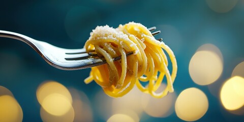 Pasta Perfection: Silver Fork Twirling Delicious Noodles in Soft Focus
