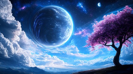 Dreamy Pixel Art Nightscape with Glowing Blue Moon and Pink Cherry Blossom Tree