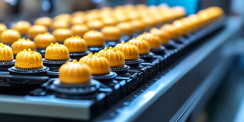Rows of yellow desserts travel down an industrial conveyor belt