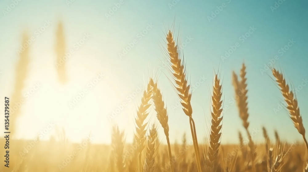 Poster Golden wheat field stretches under a clear blue sky with soft sunlight creating warm shadows in a peaceful rural landscape