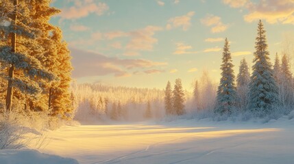 Winter Sunset Over Snowy Landscape with Frozen Trees in Saariselka