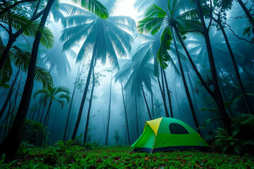 Rain Falling on a Tent in a Vibrant Tropical Forest, Capturing the Refreshing Atmosphere of Nature's Elements, Vibrant Wallpaper