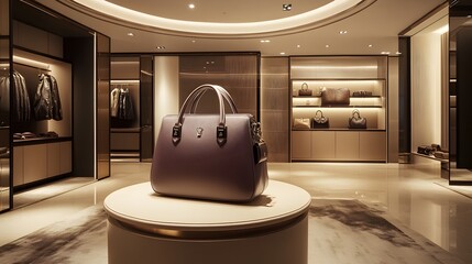 7. A round pedestal podium in a contemporary retail space, highlighting a luxury handbag