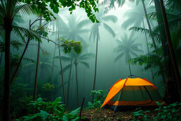 Rain Falling on a Tent in a Vibrant Tropical Forest, Capturing the Refreshing Atmosphere of Nature's Elements, Vibrant Wallpaper