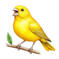 Vibrant Yellow Canary Singing on a Branch with Green Leaf