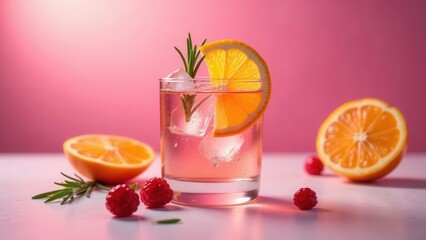 Refreshing citrus beverage with ice and raspberries in a glass
