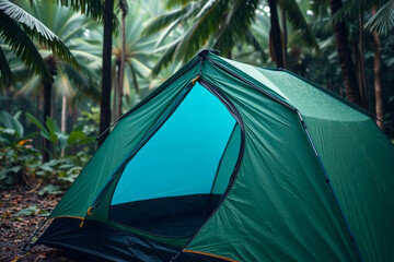 Rain Falling on a Tent in a Vibrant Tropical Forest, Capturing the Refreshing Atmosphere of Nature's Elements, Vibrant Wallpaper