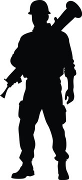 recommend clip art: Black silhouette of american soldier with rocket launcher. USA army. Military man with grenade weapon. Isolated warrior