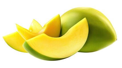 Mango Slices: Juicy slices of ripe mangoes arranged artistically alongside a whole fruit, showcasing their vibrant yellow flesh and appealing green skin, evoking a sense of tropical freshness.
