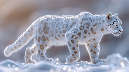 Obraz premium 3D rendering of a diamond snow leopard walking on a diamond with a blurred background and crystals scattered around it creates an atmosphere of luxury and elegance.