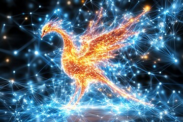 Fiery Phoenix Abstract Digital Art with Glowing Particles and Blue Network