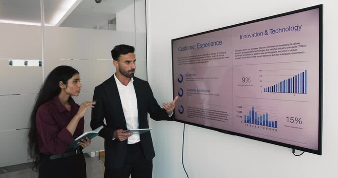 Two multinational teammates review presentation slides displayed on screen in boardroom, discussing text-based information, data-driven insights, visual infographics, bar charts and circular diagrams