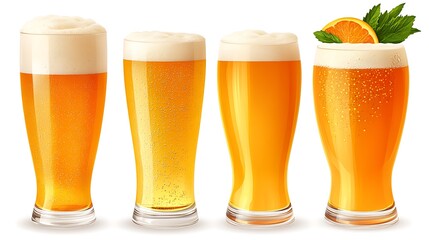 Four glasses of light beer, one with orange garnish.