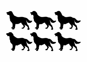 A collection of black silhouettes of Golden Retrievers in various profile poses.