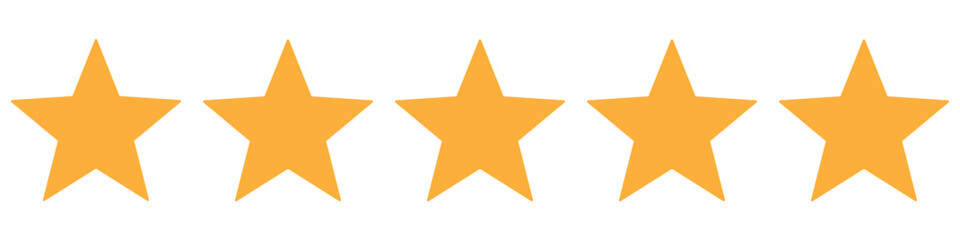 Five stars customer product review icon set. Five stars rating. Yellow 5 star flat icon for apps and websites. Quality, customer rating, feedback. Transparent png and vector illustration
