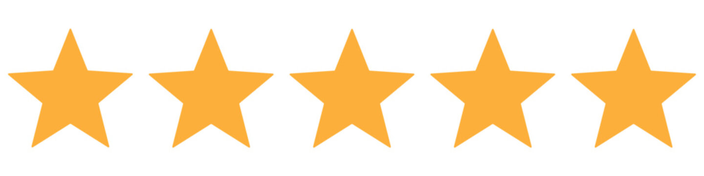 Five stars customer product review icon set. Five stars rating. Yellow 5 star flat icon for apps and websites. Quality, customer rating, feedback. Transparent png and vector illustration
