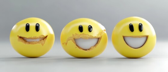 Fototapeta premium Three partially damaged yellow smiley face figures arranged in a row showcasing their unique features and expressions against a light gray background.