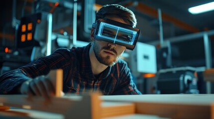 VR worker inspects wooden parts in factory
