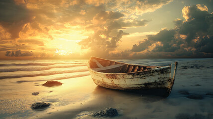 Old Boat on Beach at Sunset