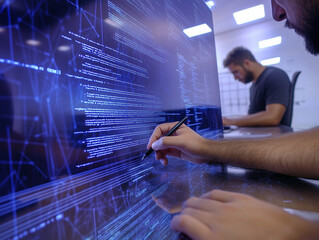 PRogrammer writing some code on glass