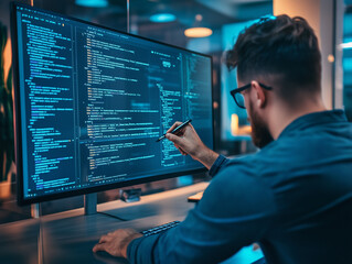PRogrammer writing some code on glass