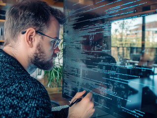 PRogrammer writing some code on glass