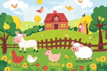 Naklejka premium Charming cartoon farm with friendly animals enjoying a sunny day surrounded by bright flowers and a cozy red barn