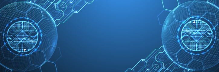 Abstract image of a computer chip in the middle of a wireframe sphere on a blue gradient. Vector