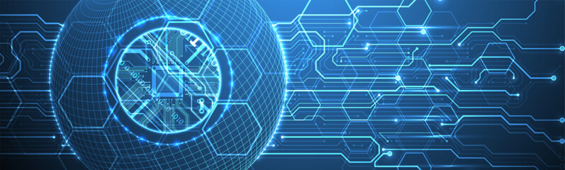 Abstract image of a computer chip in the middle of a wireframe sphere on a blue gradient. Vector