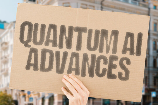 "Quantum AI Advances" on worn cardboard. Highlights AI systems leveraging quantum computing for enhanced capabilities. ALGORITHMS. QUBITS. SIMULATIONS. OPTIMIZATION. LEARNING. PROCESSING. COMPUTATION