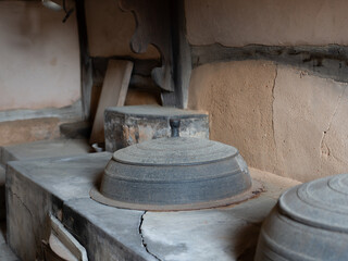 Traditional Korean Kitchen with a Large Iron Cauldron