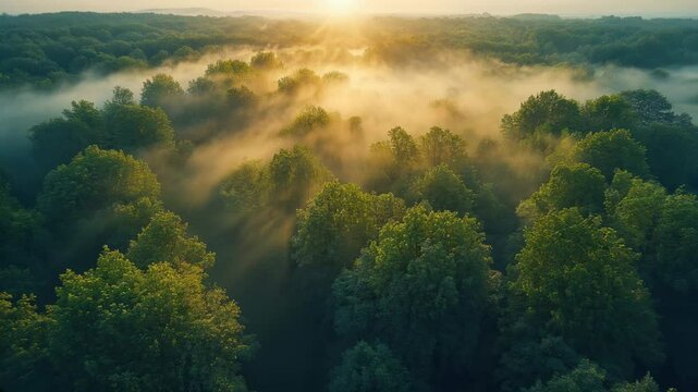 Aerial view of misty forest at sunrise with golden light filtering through treetops in a peaceful natural landscape. Generative AI