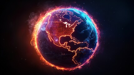 Fototapeta premium Stylized Digital Rende of Earth Surrounded by Fiery Flames in Vivid Orange and Blue with Focus on North and Central America Displayed Clearly