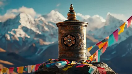 Serene Mountaintop Prayer: A Tibetan Prayer Wheel Amidst the Himalayas