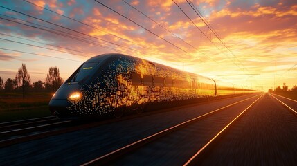 Obraz premium Sleek modern high-speed train with dark speckled design traveling along railway track at sunset glowing with warm vibrant light of setting sun