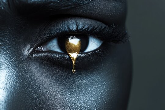 Artistic representation of emotions through a close-up of a black eye with gold tear