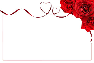 Red rose flowers in a corner arrangement with satin ribbon with hearts and a frame isolated on white or transparent background for Valentine Day