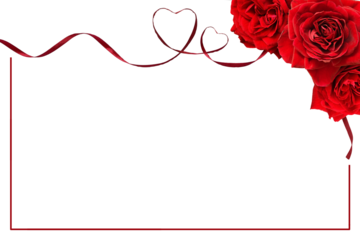 Red rose flowers in a corner arrangement with satin ribbon with hearts and a frame isolated on white or transparent background for Valentine Day