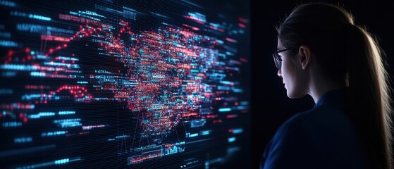 A woman wea glasses intently observing a large screen featu a colorful world map made of streaming lines of code in vivid blue and red tones