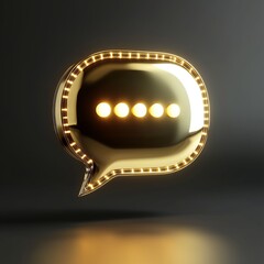 An icon, gold, glossy, clean, chatting bubble with led light, in a 3D rendering style, on an isolated black background