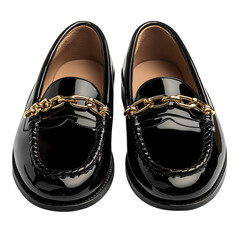 Glossy Black Patent Leather Loafers with Gold Chains Isolated on Transparent Background