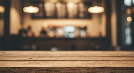 A rustic wooden table in the foreground, with a blurred warmly lit cafe interior in the background