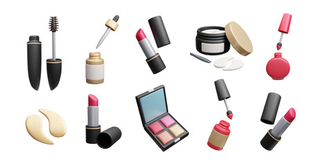Set of beauty makeup products 3D vector illustration. Colorful 3D facial make-up palette, red lipstick, anti aging pipette oil serum, nail polish lacquer, hydrating eye patches bundle.