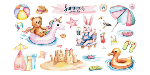 Fototapeta premium Sunny Summer Bliss Watercolor Clipart Set with Charming Beach Day Characters